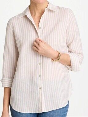 Chicos Women 100% Linen Long Sleeve Striped Button Up Sz2‎ Oatmeal Ckassic